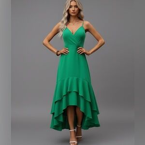 Boho Layered Tiered Frill Hem Spaghetti Strap Dress Green
